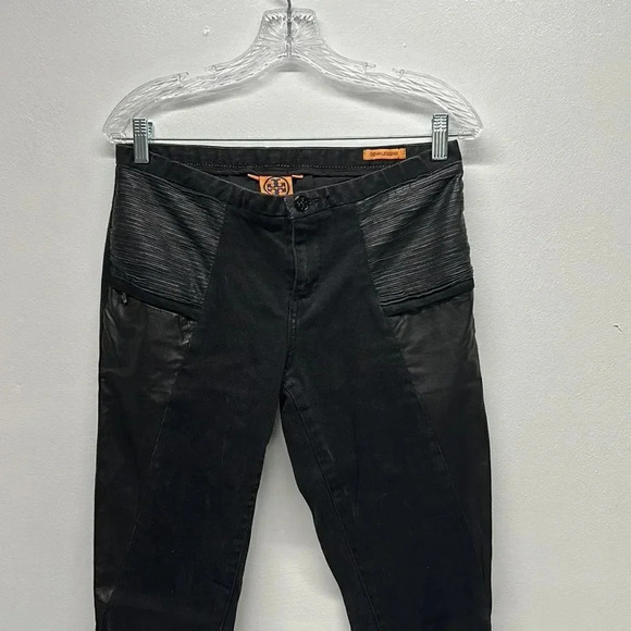 Tory Burch Jeans Low Rise Pants Denim Leather Trim Leggings Zip Up Black Size 28 - Picture 2 of 12